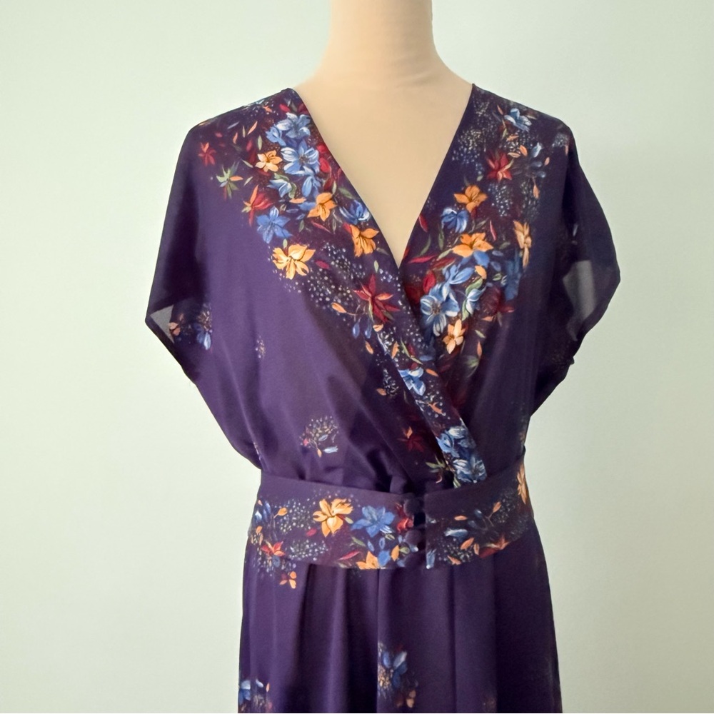 Vintage 1970s It’s A Lehigh Sheer Floral Wrap Midi Dress Purple Boho - Picture 2 of 15